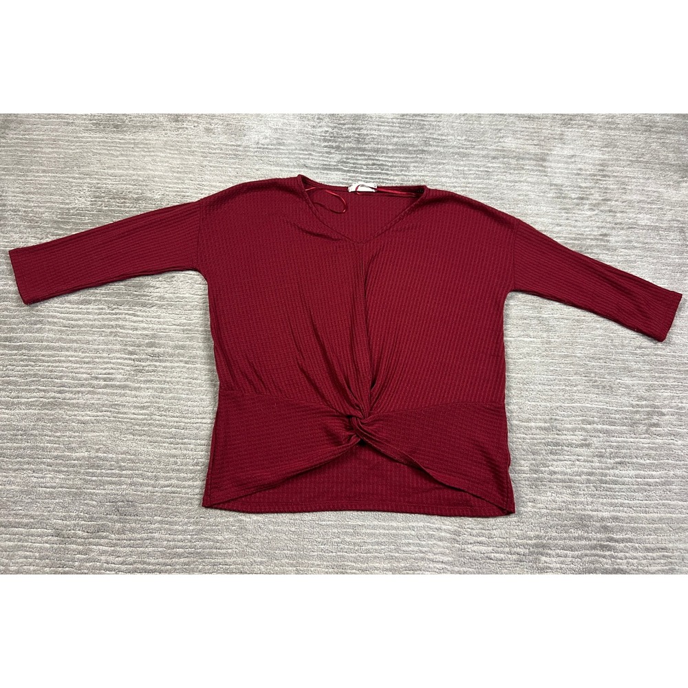 Pink Rose Top Womens Small Burgundy Waffle Knit Front Twist V-Neck 3/4 Sleeve